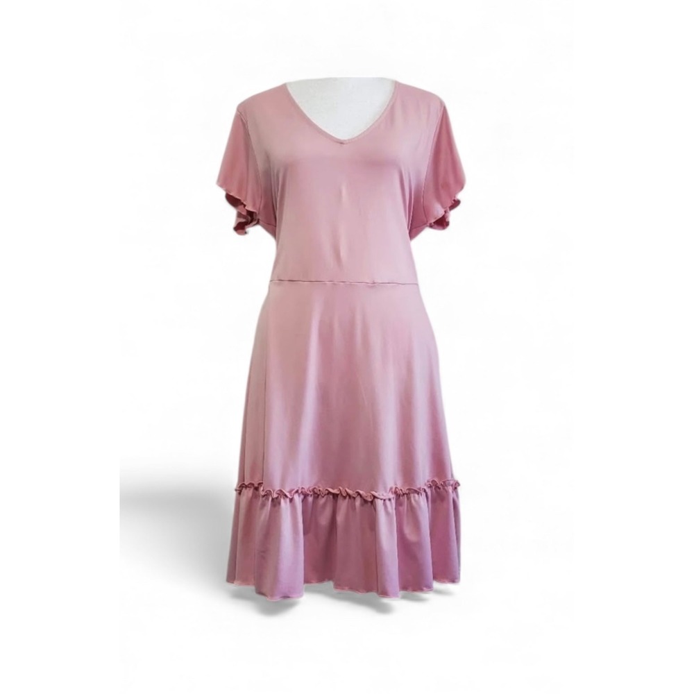 Alredine‎ Pink Ruffle V Neck Short Sleeve Midi Dress Women's Size M - Picture 3 of 8